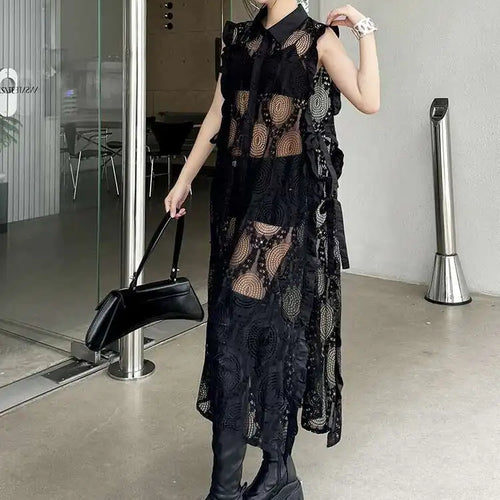 Load image into Gallery viewer, Women White Lace Perspective Ruffles Big Size Shirt Dress New Lapel Sleeveless Fashion Tide Spring Summer 2025 1DH6069
