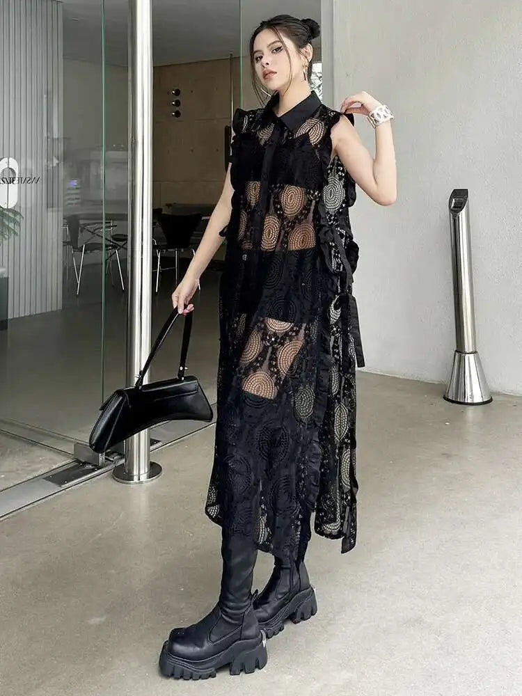 Women White Lace Perspective Ruffles Big Size Shirt Dress New Lapel Sleeveless Fashion Tide Spring Summer 2025 1DH6069