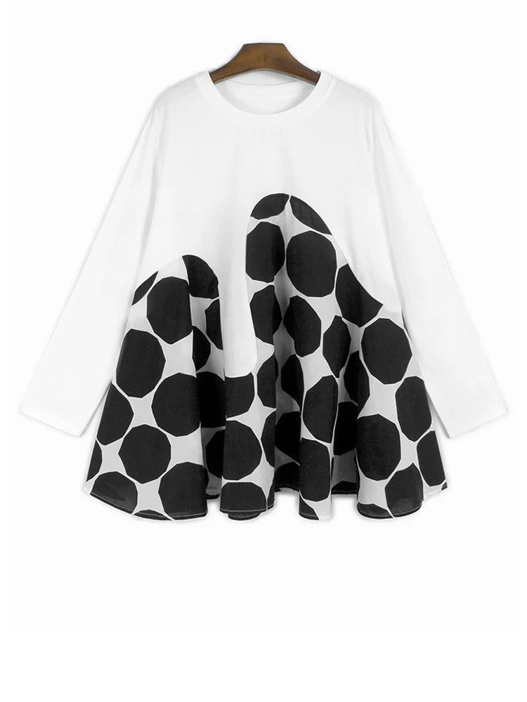 Women Black Dot Color-block Big Size Casual T-shirt New Round Neck Long Sleeve Fashion Tide Spring Autumn 2025 1DH9455