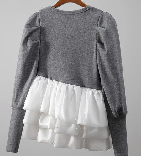 Gray Ruffles Slim Bud Sweater Round Neck Long Puff Sleeve Women Pullovers New Fashion Tide Spring Autumn 2025 1DJ1487