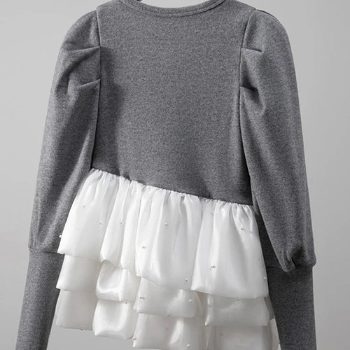 Load image into Gallery viewer, Gray Ruffles Slim Bud Sweater Round Neck Long Puff Sleeve Women Pullovers New Fashion Tide Spring Autumn 2025 1DJ1487
