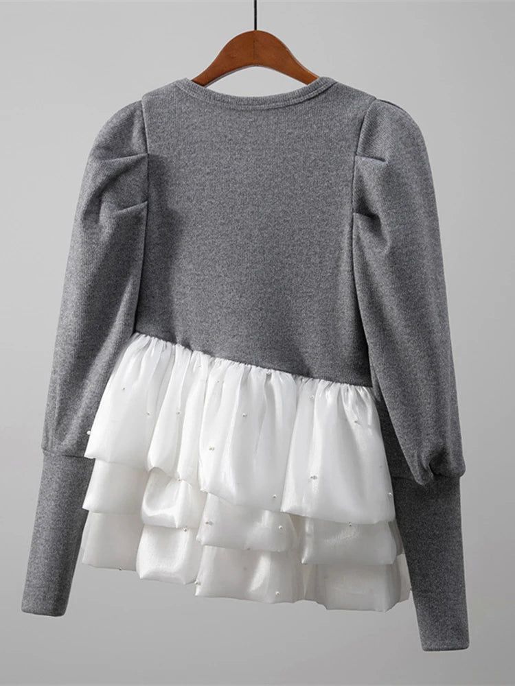 Gray Ruffles Slim Bud Sweater Round Neck Long Puff Sleeve Women Pullovers New Fashion Tide Spring Autumn 2025 1DJ1487