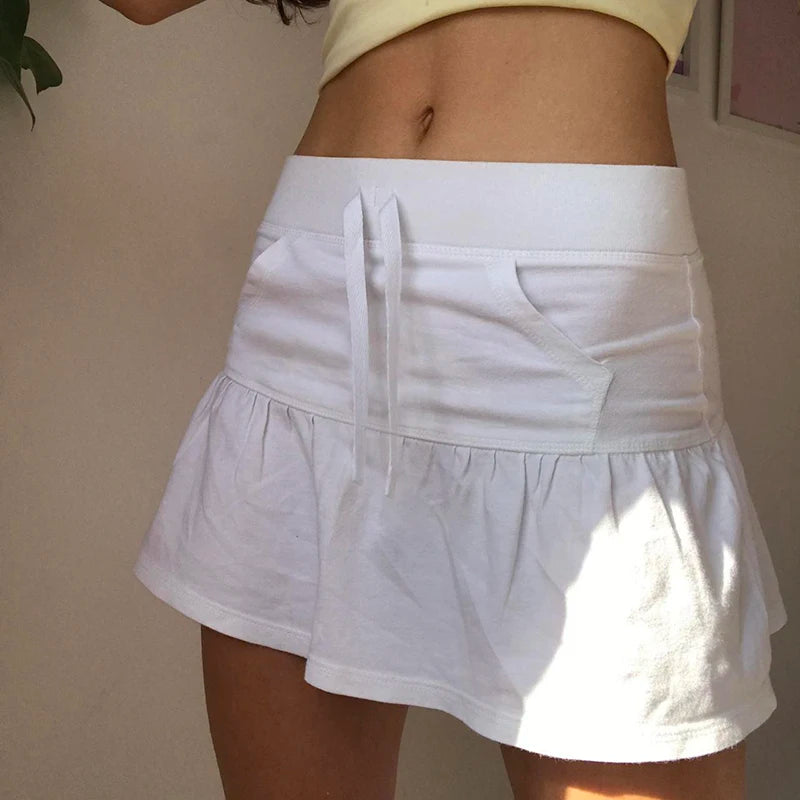 Sports Style Drawstring Strap Split A-Line Skirts Women Summer T-shaped Pocket Solid Mini Bottoms Y2K Aesthetics 2025