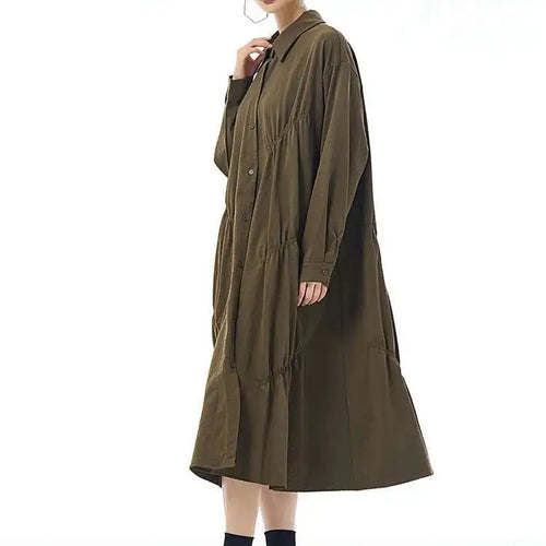 Load image into Gallery viewer, Women Coffee Pleated Spliced Big Size Midi Shirt Dress New Lapel Long Sleeve Fashion Tide Spring Autumn 2025 1DH7416
