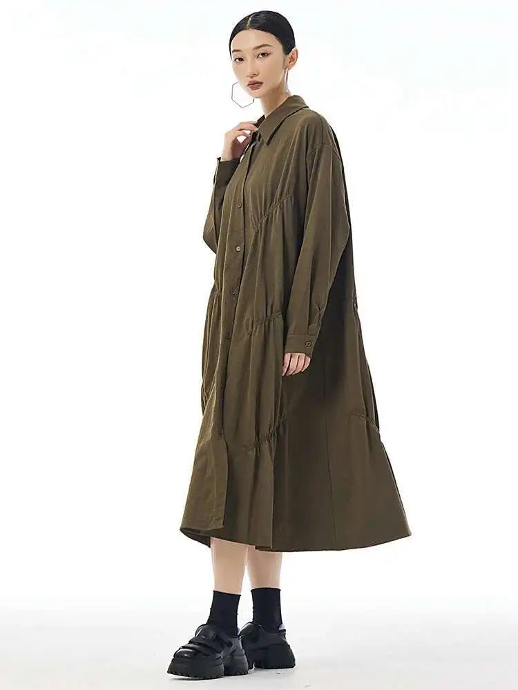 Women Coffee Pleated Spliced Big Size Midi Shirt Dress New Lapel Long Sleeve Fashion Tide Spring Autumn 2025 1DH7416