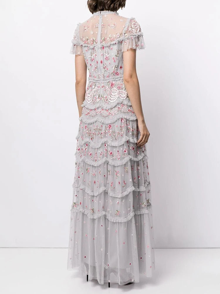 Spliced Floral Embroidery Elegant Dresses For Women Round Neck Short Sleeve High Waist Patchwork Mesh Dress Female Fashion