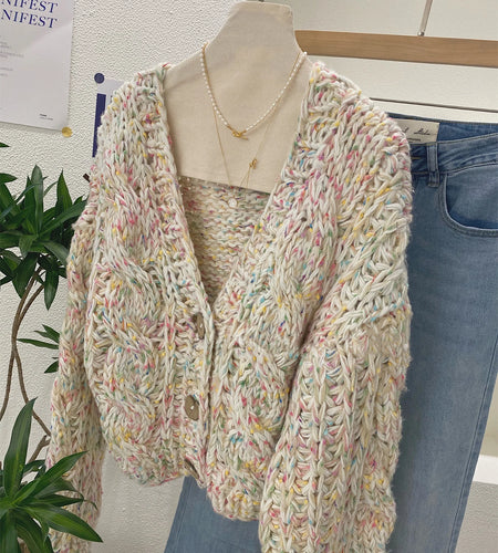 Handmade Chunky Knit Tops Women Fashion Cropped Knitted Cardigan Sweater Colourful Streetwear C-170