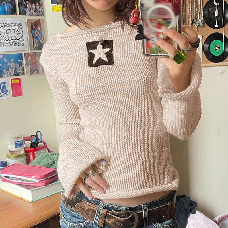 Fairycore Star Flare Sleeve Cute Autumn Sweater Women Y2K Vintage Clothes Knitted Pullover Kawaii Preppy Style Jumper