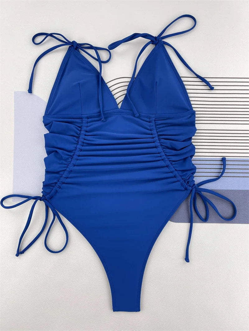 Tie One Piece Swimsuit 2024 Drawstring Swimwear for Women Sexy Bandage Bathing Suit High Waist Monokini