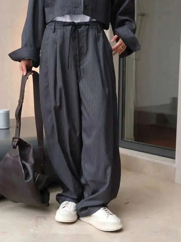 High Waist Gray Striped Drawstring Long Wide Leg Casual Pants New Trousers Women Fashion Tide Spring Autumn 2025 1DH6403