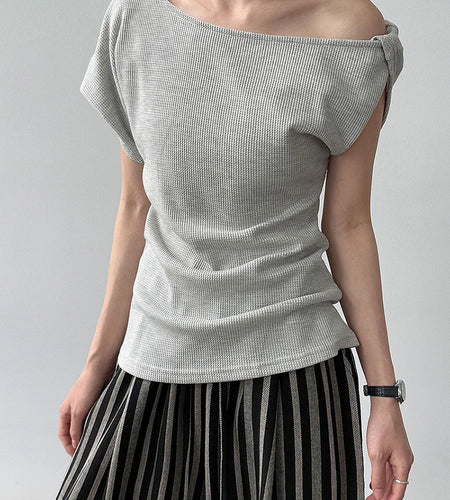 Women Navy Blue Gray Knot Irregular Elegant T-shirt New Skew Collar Sleeve Fashion Tide Spring Summer 2025 1DJ1968