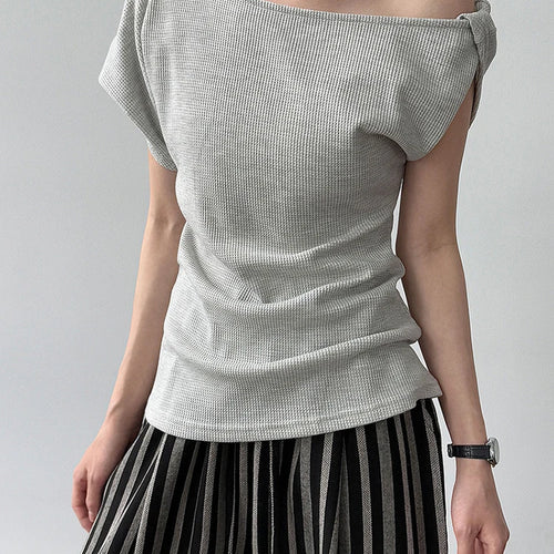 Load image into Gallery viewer, Women Navy Blue Gray Knot Irregular Elegant T-shirt New Skew Collar Sleeve Fashion Tide Spring Summer 2025 1DJ1968
