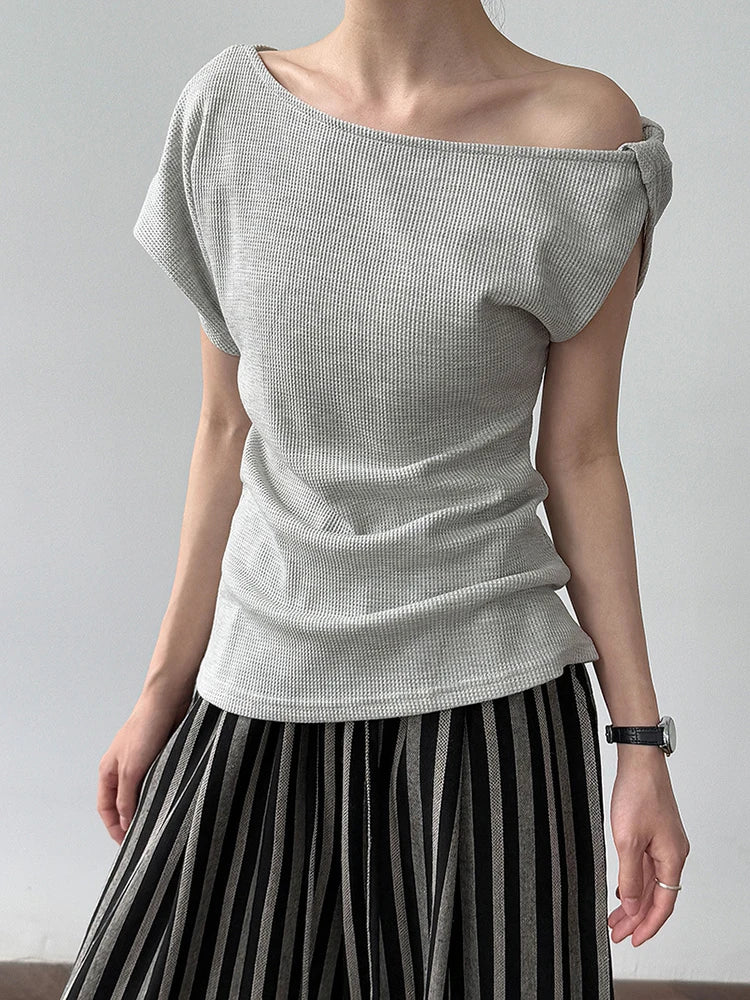 Women Navy Blue Gray Knot Irregular Elegant T-shirt New Skew Collar Sleeve Fashion Tide Spring Summer 2025 1DJ1968