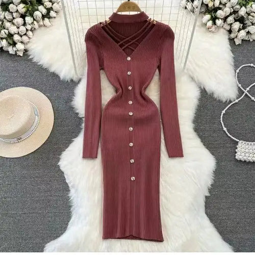 Load image into Gallery viewer, Black Single Breasted Dresses Ladies 2023 Autumm Winter Korean Style Beige Sweater Knitted Office Lady Elegant Red Dress Fashion
