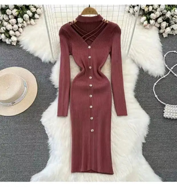 Black Single Breasted Dresses Ladies 2023 Autumm Winter Korean Style Beige Sweater Knitted Office Lady Elegant Red Dress Fashion