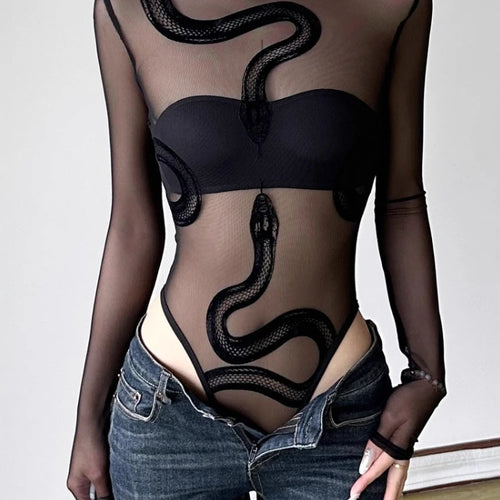 Load image into Gallery viewer, Summer Y2k Aesthetic Gauze Embroidery Snake Jumpsuits Streetwear Vintage Sexy Tshirts Women Grunge Half High Collar T-shirs
