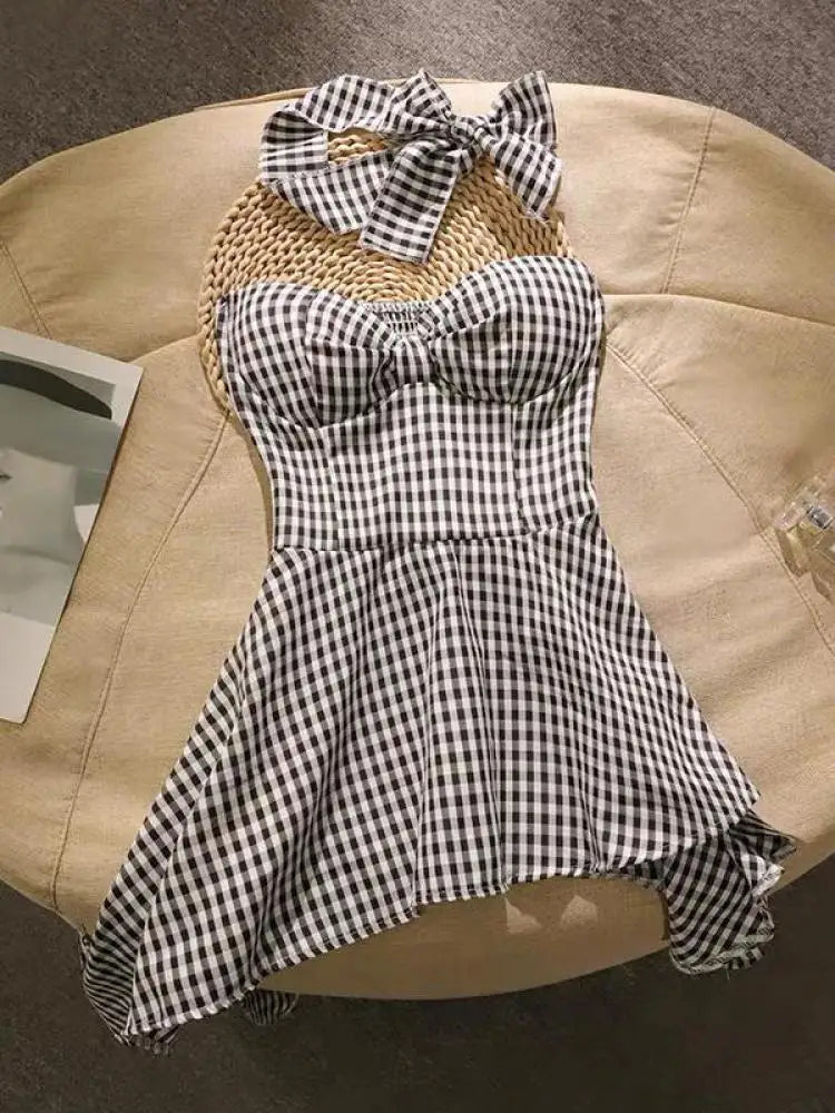 Summer French Plaid Off Shoulder Sleeveless Irregular Strapless Tops Women Backless High Waist Slim Short Top Fashion Clothing