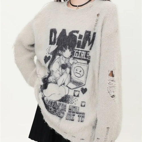 Load image into Gallery viewer, Cartoon Jacquard Japanese Grunge Sweater Women Gothic Vintage Ripped Y2k Aesthetic Jumper Streetwear Oversize Hiphop Pullover
