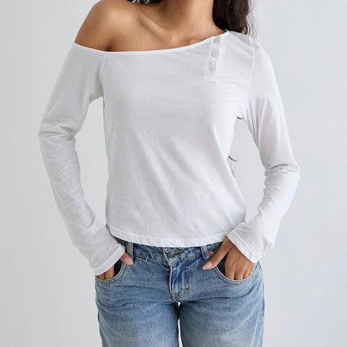 Load image into Gallery viewer, Slash Neck Crop Top y2k Women Clothes Off One Shoulder Long Sleeve Loose Fit T Shirt Spring Fall Clothing Streetwear
