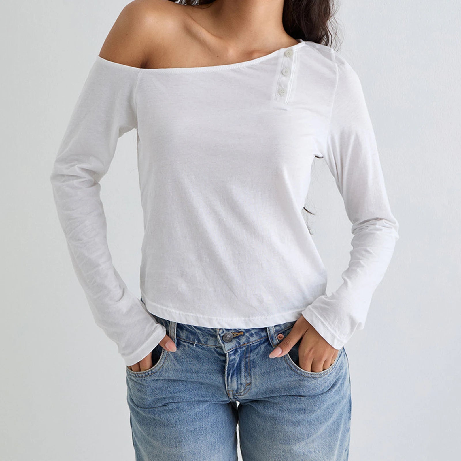 Slash Neck Crop Top y2k Women Clothes Off One Shoulder Long Sleeve Loose Fit T Shirt Spring Fall Clothing Streetwear