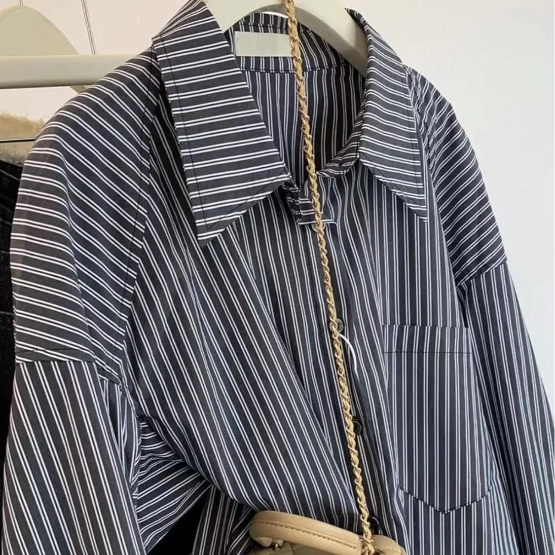 Autumn Vintage Gray Striped Patchwork Single Breasted Shirt Women Casual Loose Long Sleeve Fashion Blouses Tops Streetwear Trend