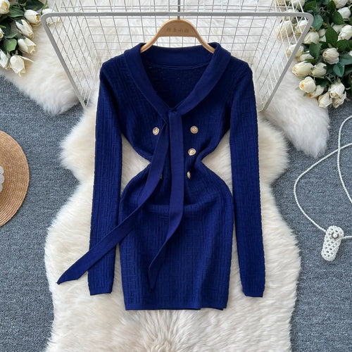 Load image into Gallery viewer, French Fashion Women Solid Elegant Button Bandage V Neck Short Dress Autumn Long Sleeves Knitted Sweater Mini Dress Trend Simple

