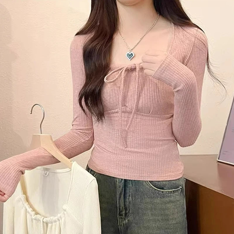 y2k Tops Women Clothes Solid Color Drawstring Chest Long Sleeve Ribbed T Shirts 2000s Aesthetic Clothing Streetwear