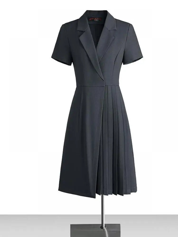 Korean Solid Office Professional Workwear Blazer Dress For Women 2024 Summer Short Sleeve High Waist Vacation Pleated Midi Dress