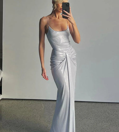 Sliver Spaghetti Strap Sexy Maxi Dress For Women Fashion Sparkle Sleeveless Backless Ruched Beach Club Sexy Long Dress