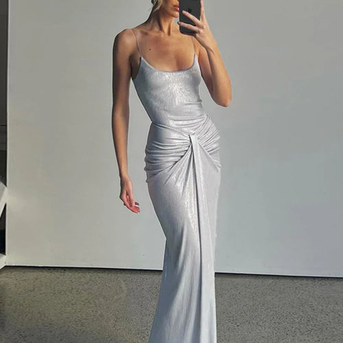 Load image into Gallery viewer, Sliver Spaghetti Strap Sexy Maxi Dress For Women Fashion Sparkle Sleeveless Backless Ruched Beach Club Sexy Long Dress
