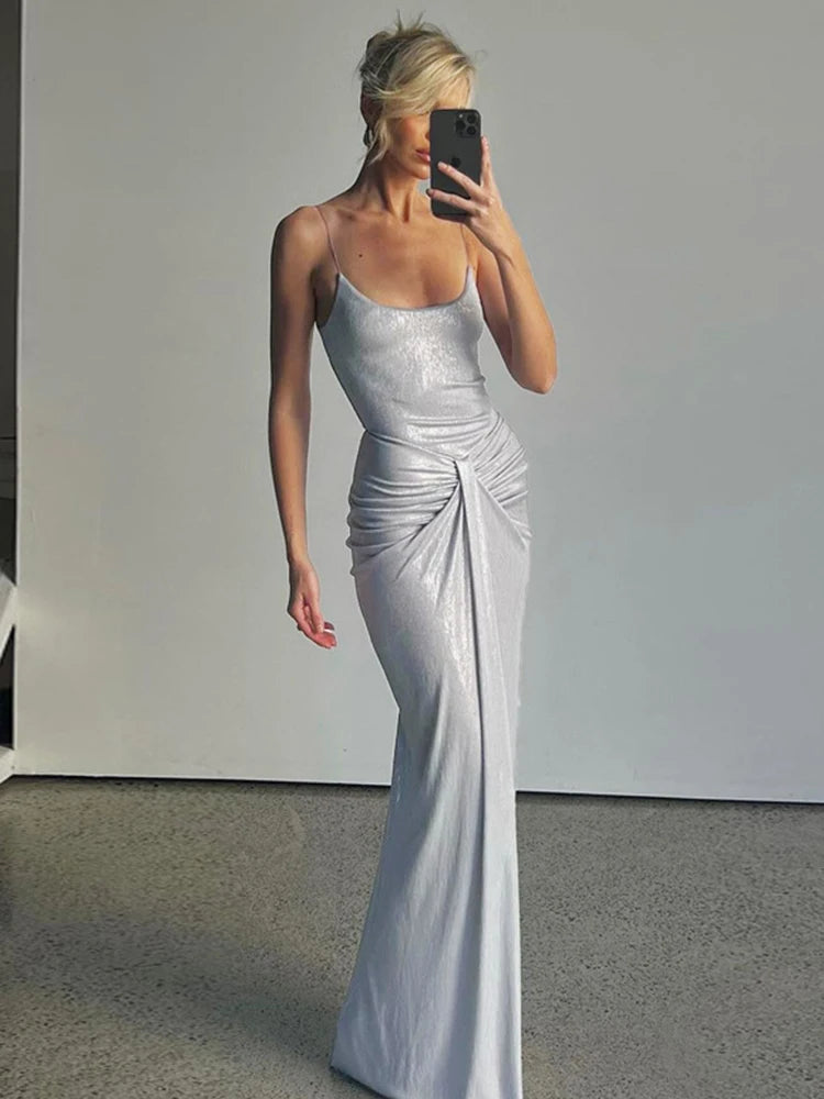 Sliver Spaghetti Strap Sexy Maxi Dress For Women Fashion Sparkle Sleeveless Backless Ruched Beach Club Sexy Long Dress