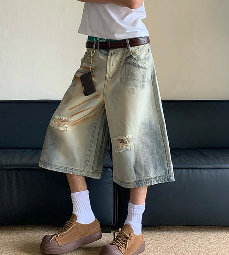 Mud Dyed Washed Worn Out Hole Straight Denim Pants Summer 2024 Wide Leg Contrast Color Male Shorts Casual 24E1065