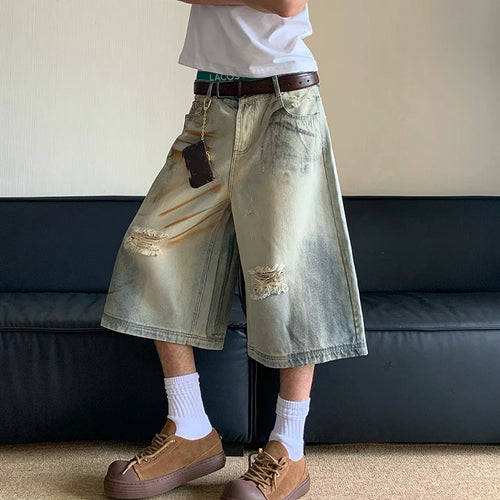 Load image into Gallery viewer, Mud Dyed Washed Worn Out Hole Straight Denim Pants Summer 2024 Wide Leg Contrast Color Male Shorts Casual 24E1065
