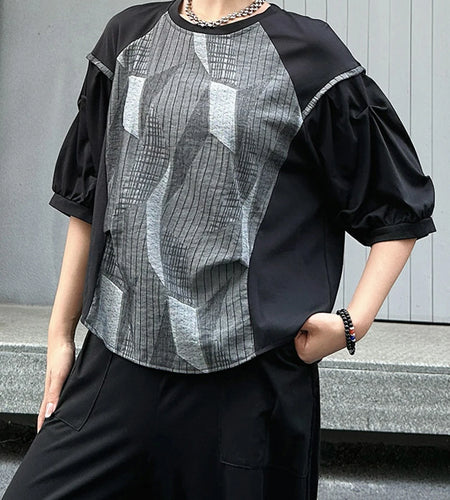 Women Black Striped Color-block Big Size T-shirt New Round Neck Half Sleeve Fashion Tide Spring Summer 2025 1DJ1568