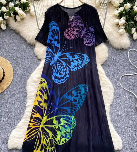 French Retro Women Black Butterfly V Neck Short Sleeved Long Dress Summer White Print Elegant Loose Vacation Pleated Dress Trend