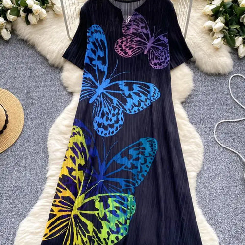 Load image into Gallery viewer, French Retro Women Black Butterfly V Neck Short Sleeved Long Dress Summer White Print Elegant Loose Vacation Pleated Dress Trend
