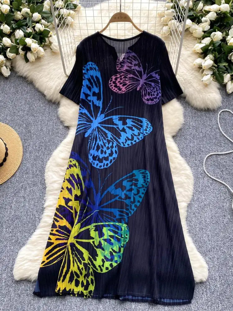 French Retro Women Black Butterfly V Neck Short Sleeved Long Dress Summer White Print Elegant Loose Vacation Pleated Dress Trend