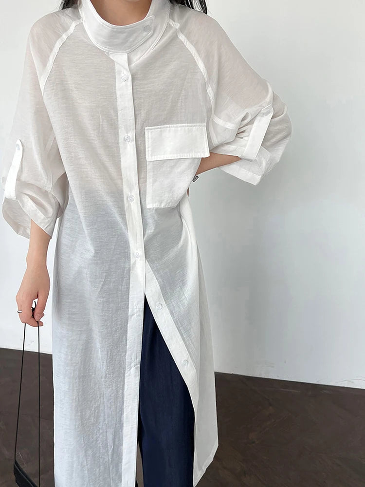 Green Thin Perspective Big Size Long Jacket New Lapel Stand Collar Sleeve Women Coat Fashion Spring Autumn 2025 1DJ1285