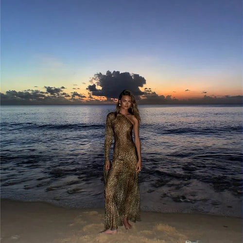 Load image into Gallery viewer, One Shoulder Leopard Print Maxi Dress Women Inclined Shoulder Backless Beach Holiday Vacation Club Sexy Long Dress
