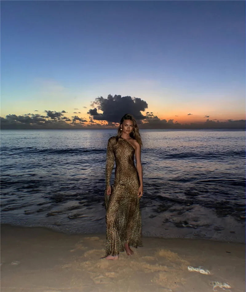 One Shoulder Leopard Print Maxi Dress Women Inclined Shoulder Backless Beach Holiday Vacation Club Sexy Long Dress
