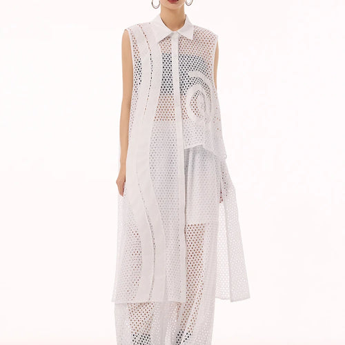 Load image into Gallery viewer, Women White Hollow Out Big Size Long Elegant Shirt Dress New Lapel Sleeveless Fashion Tide Spring Autumn 2025 1DH9424
