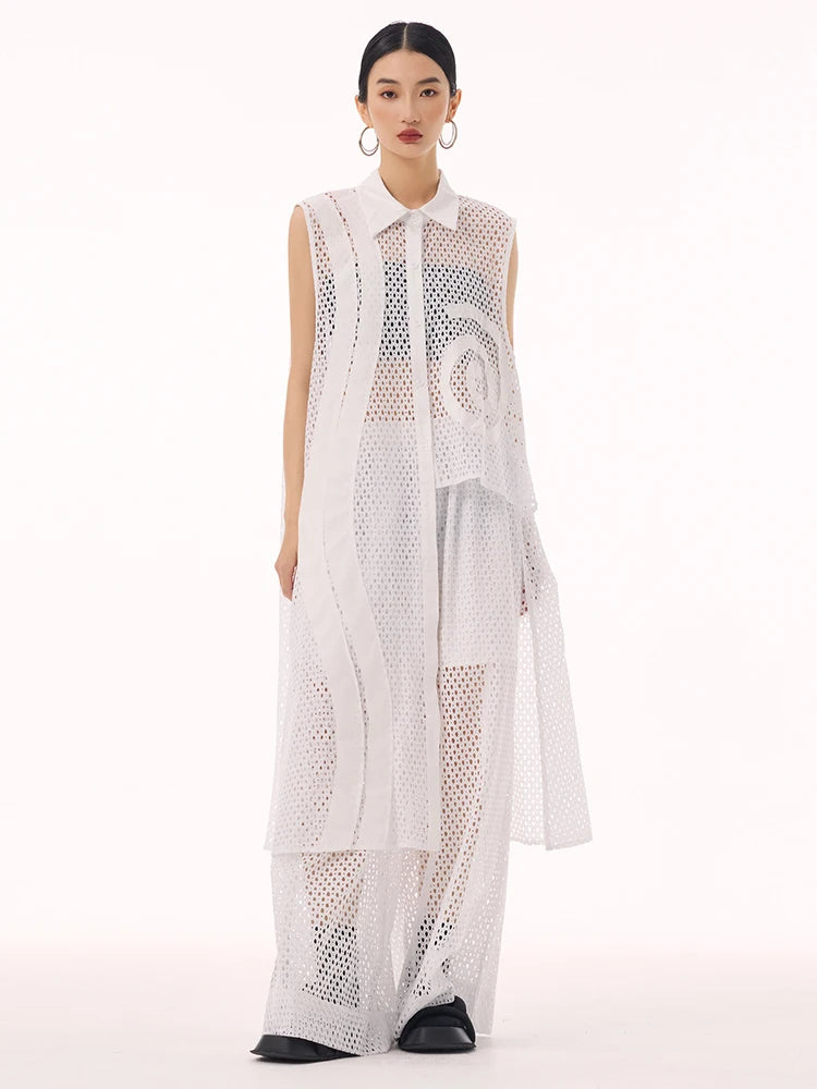 Women White Hollow Out Big Size Long Elegant Shirt Dress New Lapel Sleeveless Fashion Tide Spring Autumn 2025 1DH9424