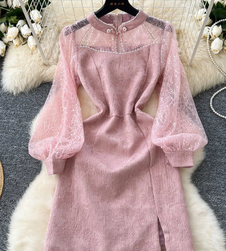 Autumn 2024 New Chinese Style Retro Elegant Long Sleeve Slim Evening Party Dresses Women Pink Sequin Patchwork Lace Short Dress