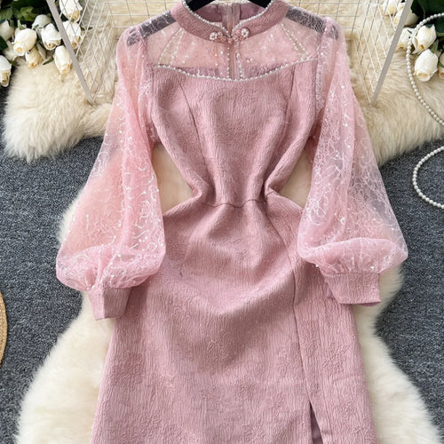 Load image into Gallery viewer, Autumn 2024 New Chinese Style Retro Elegant Long Sleeve Slim Evening Party Dresses Women Pink Sequin Patchwork Lace Short Dress
