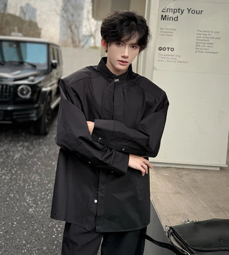 Men's Shirts Long Sleeve New Summer Korean Style Personalized Ribbon Design Turn-down Collar Solid Color Male Top 9W1753