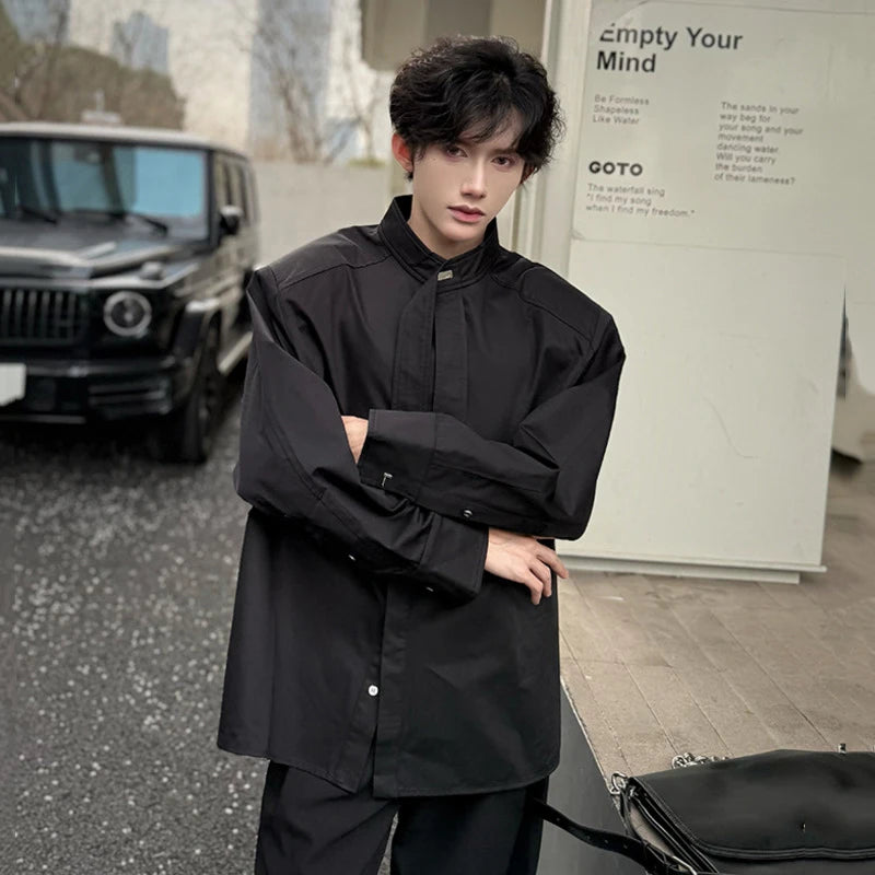 Men's Shirts Long Sleeve New Summer Korean Style Personalized Ribbon Design Turn-down Collar Solid Color Male Top 9W1753