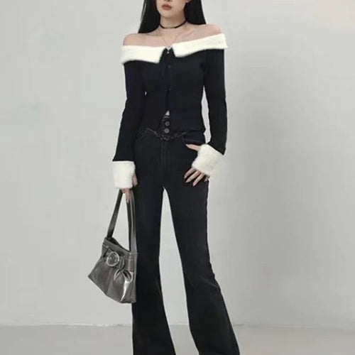 Load image into Gallery viewer, Sexy Off Shoulder Fluffy Patchwork Slash Neck Cardigan T-shirt Women Contast Color Korean Fashion Slim Cardigans Fairy Cropped
