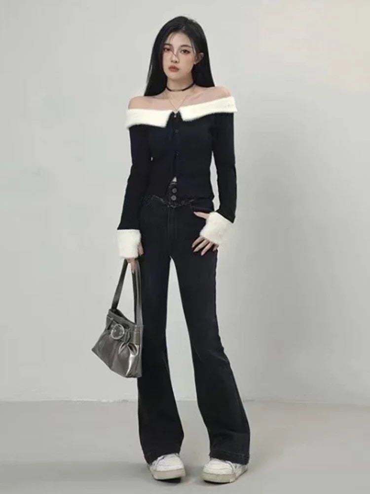 Sexy Off Shoulder Fluffy Patchwork Slash Neck Cardigan T-shirt Women Contast Color Korean Fashion Slim Cardigans Fairy Cropped