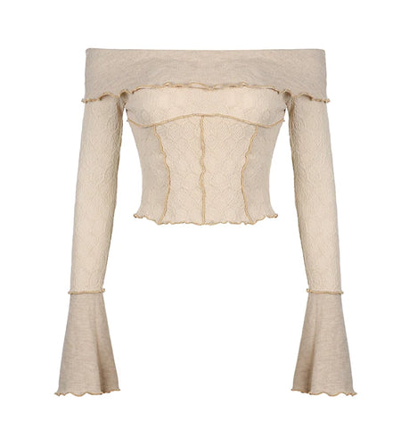 Vintage Y2K Party Lace T shirt Ladies Slim Short Stitch Flare Sleeve Chic Off Shoulder Top Design 2000s Aesthetic Tee