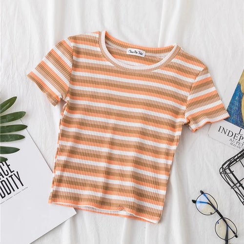 Load image into Gallery viewer, New T Shirt Women Rainbow Striped Tops Slim Fit t shirt Harajuku Tshirt Summer Short Sleeve Korean T-shirt feminina Clothes Tops
